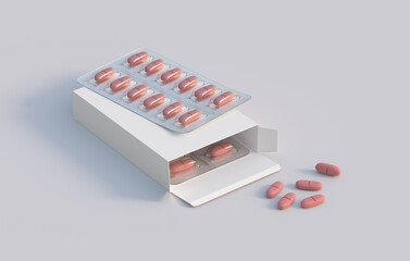 Cardbox packaging with two blisters with vitamin pills. Mockup template. 3d rendering