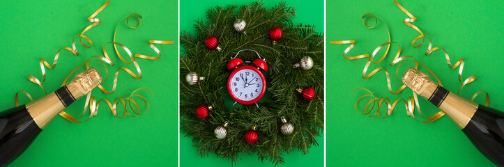 Fototapeta na wymiar Christmas banner. Christmas ring or wreath, red alarm clock and bottle of champagne on the green background. Top view.