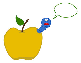 A juicy fruit of a yellow apple with maggot and talking bubble