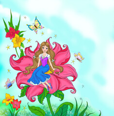 Thumbelina sitting in the flower coloring book illustration