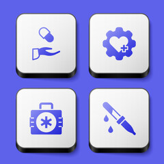 Set Medical prescription, Heart with cross, First aid kit and Pipette icon. White square button. Vector