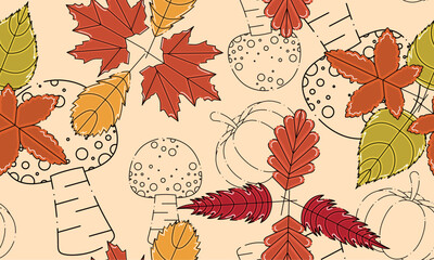Colored autumn seamless pattern background with mushrooms Vector