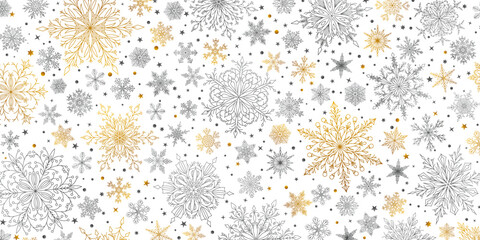 Background of complex big and small Christmas snowflakes in yellow and gray colors. Winter illustration with falling snow