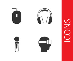 Set Virtual reality glasses, Computer mouse, VR controller game and Headphones icon. Vector