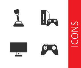 Set Game controller or joystick, Gear shifter, Computer monitor and console with icon. Vector