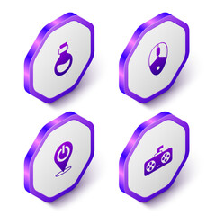 Set Isometric Bottle with magic elixir, Computer mouse, Power button and Game controller or joystick icon. Purple hexagon button. Vector