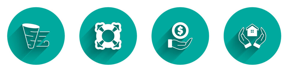 Obraz premium Set Tornado, Lifebuoy, Money with shield and House in hand icon with long shadow. Vector