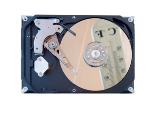 Opened computer hard drive reflecting blurred thermometer isolated transparent png
