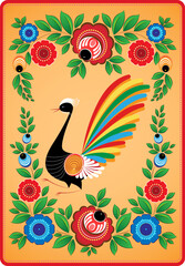 Obraz premium Decorative composition of bright wildflowers and leaves on a gradient background. In the center of the composition is a bird. Slavic folk style. Color vector illustration.