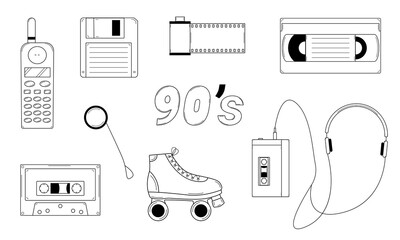 Hand drawn set of classic elements of the 80s, 90s. Retro pop culture items. Doodle style. Sketch. Vector illustration