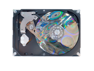 Opened computer hard drive reflecting blurred circles pattern isolated transparent png