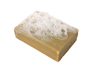 Natural olive oil soap bar with foam isolated transparent png