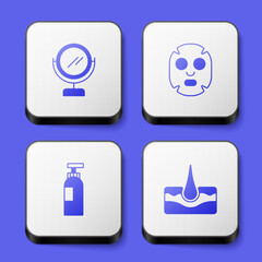 Set Round makeup mirror, Facial cosmetic mask, Bottle of shampoo and Human hair follicle icon. White square button. Vector
