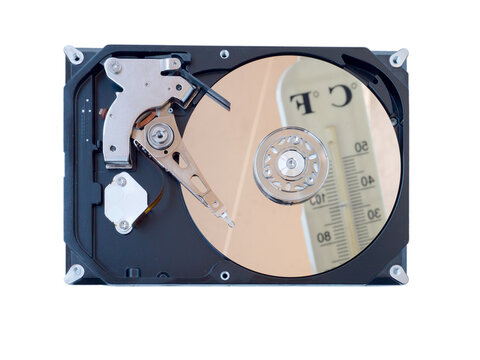 Opened computer hard drive reflecting blurred thermometer isolated transparent png
