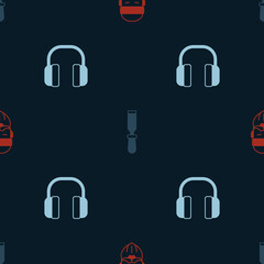 Set Lumberjack, Chisel tool and Headphones on seamless pattern. Vector