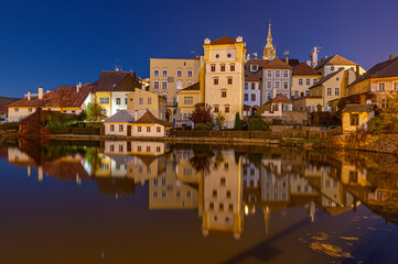 Fototapeta na wymiar Night view on the City of Jindrichuv Hradec, a town in the Czech Republic in the region South Bohemia. View of the old town at night.