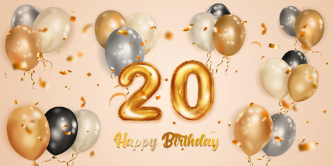 Festive birthday illustration with white, black and gold helium balloons, big number 20 golden foil balloon, flying shiny pieces of serpentine and inscription Happy Birthday on light background