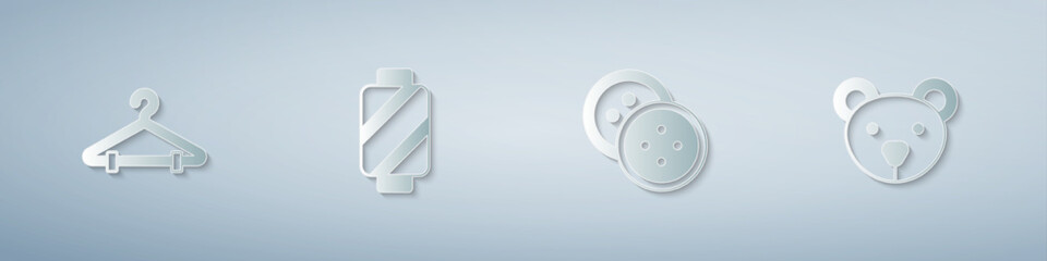 Set Hanger wardrobe, Sewing thread on spool, button for clothes and Teddy bear plush toy. Paper art style. Vector