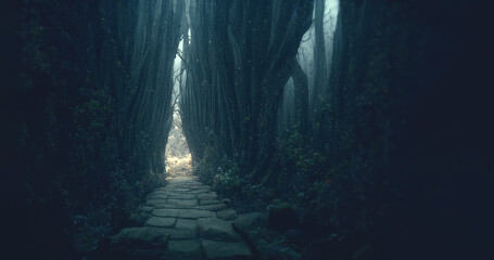 Mysterious,blue toned forest stone pathway.Footpath in the dark, foggy, autumnal, cold forest among high trees.3d render background.Halloween concept.