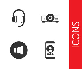 Set Video chat conference, Headphones, Speaker volume and Movie, film, media projector icon. Vector