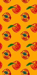 Peach seamless pattern. Vector nectarine wallpaper. Sketch art  peach background for organic baby food label, yogurt packaging design, vegan banner, fruity ornament. Apricot backdrop for jam package.