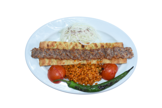 Top view of Turkish kebab with bulgur pilaf, roasted tomatoes, roasted peppers, onions and pita bread. transparent, png