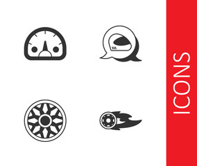 Set Wheel in fire flame, Speedometer, Alloy wheel for car and Racing helmet icon. Vector