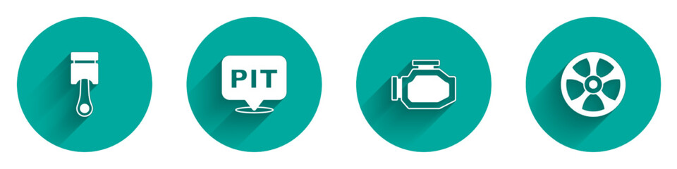 Set Engine piston, Pit stop, Check engine and Alloy wheel for car icon with long shadow. Vector