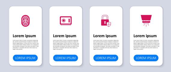 Set Fire sprinkler system, Shield security with lock, Safe and Fingerprint. Business infographic template. Vector