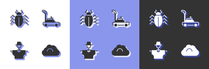 Set Cloudy weather, Colorado beetle, Scarecrow and Lawn mower icon. Vector