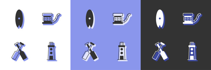 Set Lighthouse, Surfboard, Crossed oars or paddles boat and Marine bollard with rope icon. Vector