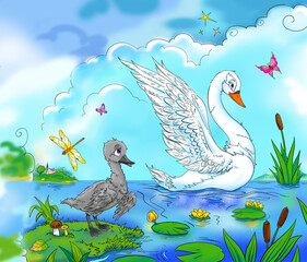 grey ugly duckling and  beautiful white swan artistic illustration - obrazy, fototapety, plakaty