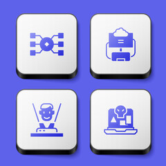 Set Neural network, Cloud database, Hologram and Internet piracy icon. White square button. Vector