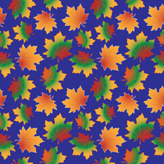 Multicolored maple leaves on a blue background. Seamless background for packaging design, store, banners, website. Color vector illustration.