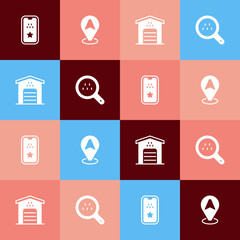 Set pop art Taxi mobile app, Location taxi car, Garage for and Search icon. Vector