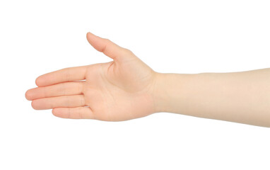 Woman hand shows handshake, on white background