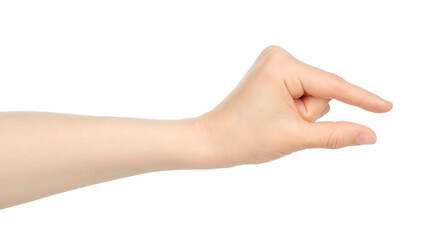 Woman hand shows virtual holding something, on white background