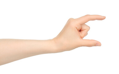 Woman hand shows virtual holding something, on white background