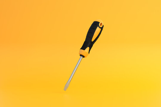Screwdriver on a yellow background with copy space. 3d rendering illustration