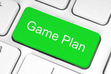 Green button with Game Plan words on the keyboard, technology and business concept