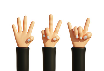 Hand gesture set, victory, rock on, four fingers.finger sign with black dress 3d rendering