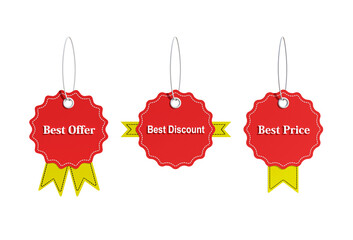 Sale tags.Best offer, Best price, Best discount.Red label tag and Yellow ribbon with white Text 3D rendering.