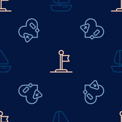 Set line Yacht sailboat, Heart rate and Flag on seamless pattern. Vector