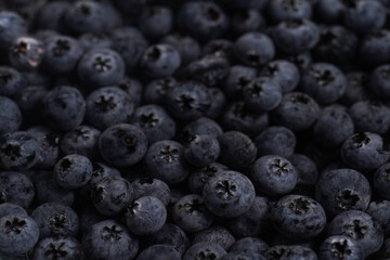 a heap of fresh ripe wet blueberries under water filling the frame, selective focus, top view, background