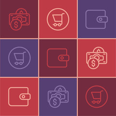 Set line Stacks paper money cash, Wallet and Shopping cart icon. Vector