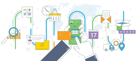 Obraz premium Hands holding smartphone and online shopping screen. Concept of online shopping, search of products and calculation of values, email with date of delivery and evaluation of the product and service.