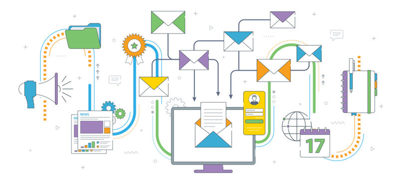 E-mail message on screen in computer. Newsletter and e-mail subscribe, e-mail marketing, internet advertising concepts. Business communication and marketing. Thin line flat vector illustration.