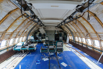 Inside wrecked broken passenger airplane