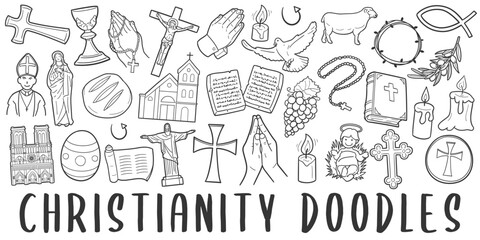 Christian Doodle Banner Icon. Catholic Religion Vector Illustration Hand Drawn Art. Line Symbols Sketch Background.