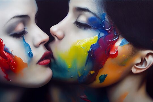 illustration two women kissing, in a romance, render, girlfriends, 3d illustration, oil simulation, portrait of a person with a mask